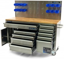 HBM verrijdbare werkbank 158 cm RVS met 10 laden, deur en achterwand
