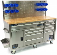 HBM verrijdbare werkbank 158 cm RVS met 10 laden, deur en achterwand
