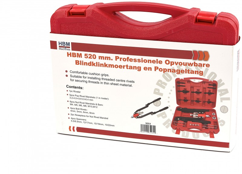 HBM 520 mm Professionel Sammenklappelig Blindnitmøtriktang og Nittepistol M4-M12 med Opbevaringskuffert.