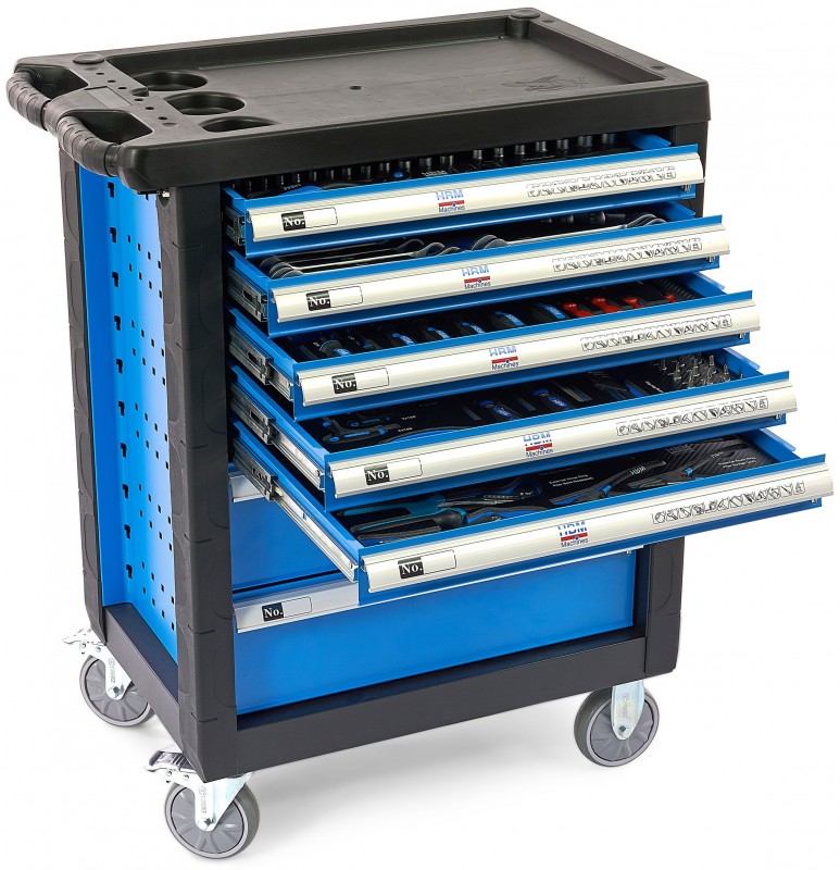 HBM gevulde gereedschapswagen 196-delig blauw, 7 laden, 4 wielen, slot, 100 kg draagvermogen
