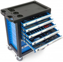 HBM gevulde gereedschapswagen 196-delig blauw, 7 laden, 4 wielen, slot, 100 kg draagvermogen