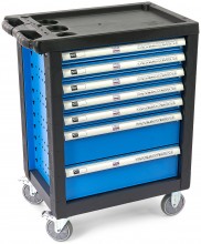 HBM gevulde gereedschapswagen 196-delig blauw, 7 laden, 4 wielen, slot, 100 kg draagvermogen