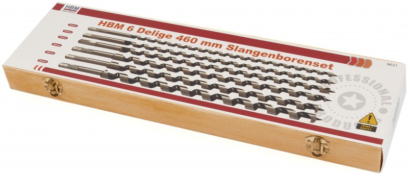 HBM 6-delige 600 mm slangenborenset voor hout met opbergkoffer HBM 6-delige 600 mm slangenborenset voor hout met opbergkoffer