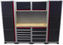 HBM Professional Deluxe modulært værkstedssystem 9-delt, stål/træ, sort rød, 263 x 51 x 204 cm.