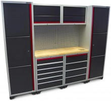HBM Professional Deluxe modulært værkstedssystem 9-delt, stål/træ, sort rød, 263 x 51 x 204 cm.
