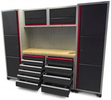 HBM Professional Deluxe modulært værkstedssystem 9-delt, stål/træ, sort rød, 263 x 51 x 204 cm.
