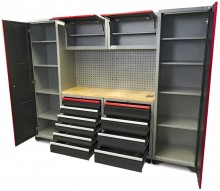 HBM Professional Deluxe modulært værkstedssystem 9-delt, stål/træ, sort rød, 263 x 51 x 204 cm.