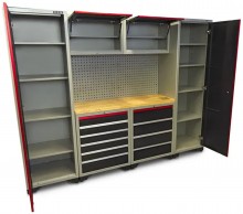 HBM Professional Deluxe modulært værkstedssystem 9-delt, stål/træ, sort rød, 263 x 51 x 204 cm.