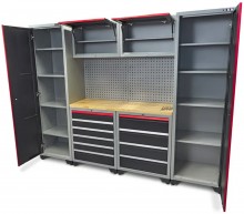 HBM Professional Deluxe modulært værkstedssystem 9-delt, stål/træ, sort rød, 263 x 51 x 204 cm.