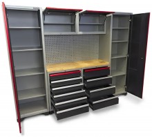 HBM Professional Deluxe modulært værkstedssystem 9-delt, stål/træ, sort rød, 263 x 51 x 204 cm.