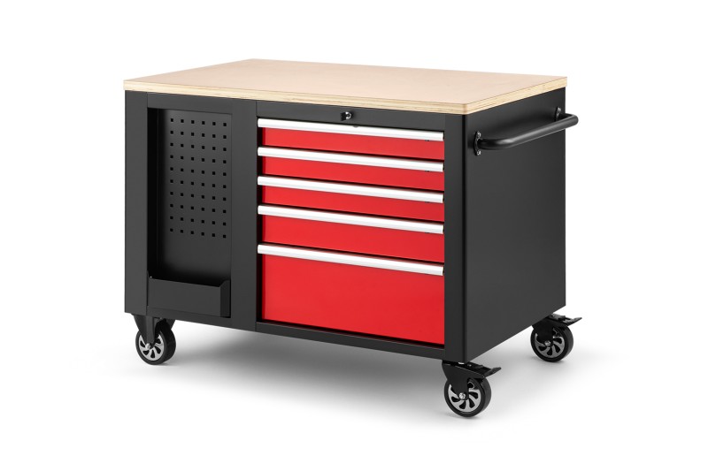 HBM verrijdbare gereedschapswagen werkbank met houten werkblad, 10 laden, slot, rood/zwart