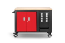 HBM verrijdbare gereedschapswagen werkbank met houten werkblad, 10 laden, slot, rood/zwart