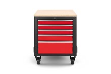 HBM verrijdbare gereedschapswagen werkbank met houten werkblad, 10 laden, slot, rood/zwart