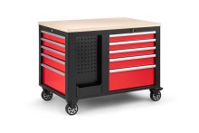 HBM verrijdbare gereedschapswagen werkbank met houten werkblad, 10 laden, slot, rood/zwart
