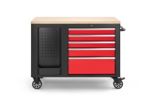 HBM verrijdbare gereedschapswagen werkbank met houten werkblad, 10 laden, slot, rood/zwart