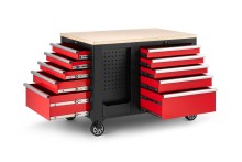 HBM verrijdbare gereedschapswagen werkbank met houten werkblad, 10 laden, slot, rood/zwart