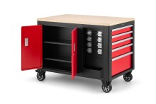 HBM verrijdbare gereedschapswagen werkbank met houten werkblad, 10 laden, slot, rood/zwart