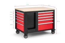 HBM verrijdbare gereedschapswagen werkbank met houten werkblad, 10 laden, slot, rood/zwart