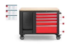 HBM verrijdbare gereedschapswagen werkbank met houten werkblad, 10 laden, slot, rood/zwart