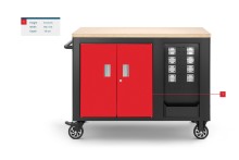 HBM verrijdbare gereedschapswagen werkbank met houten werkblad, 10 laden, slot, rood/zwart