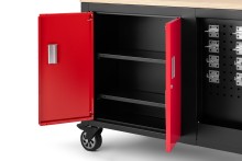 HBM verrijdbare gereedschapswagen werkbank met houten werkblad, 10 laden, slot, rood/zwart