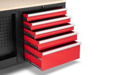 HBM verrijdbare gereedschapswagen werkbank met houten werkblad, 10 laden, slot, rood/zwart