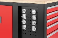 HBM verrijdbare gereedschapswagen werkbank met houten werkblad, 10 laden, slot, rood/zwart
