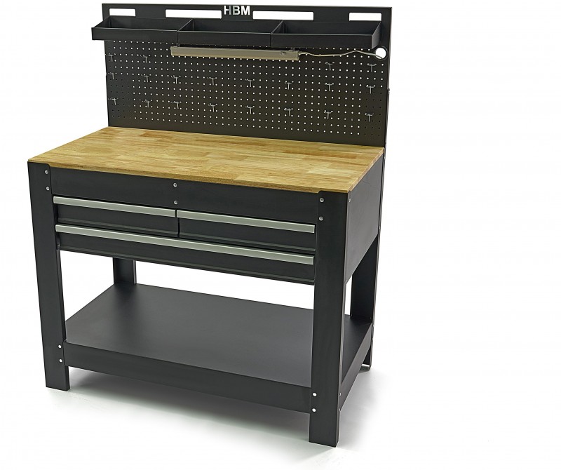 HBM werkbank 115 cm met 3 laden, houten werkblad, achterwand, metaal, zwart, draagvermogen 250 kg
