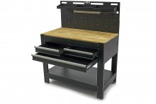 HBM werkbank 115 cm met 3 laden, houten werkblad, achterwand, metaal, zwart, draagvermogen 250 kg
