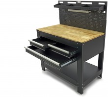 HBM werkbank 115 cm met 3 laden, houten werkblad, achterwand, metaal, zwart, draagvermogen 250 kg

