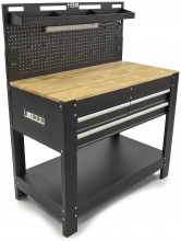 HBM werkbank 115 cm met 3 laden, houten werkblad, achterwand, metaal, zwart, draagvermogen 250 kg
