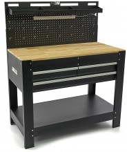 HBM werkbank 115 cm met 3 laden, houten werkblad, achterwand, metaal, zwart, draagvermogen 250 kg
