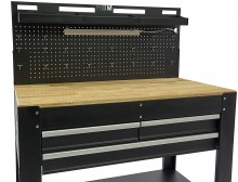 HBM werkbank 115 cm met 3 laden, houten werkblad, achterwand, metaal, zwart, draagvermogen 250 kg
