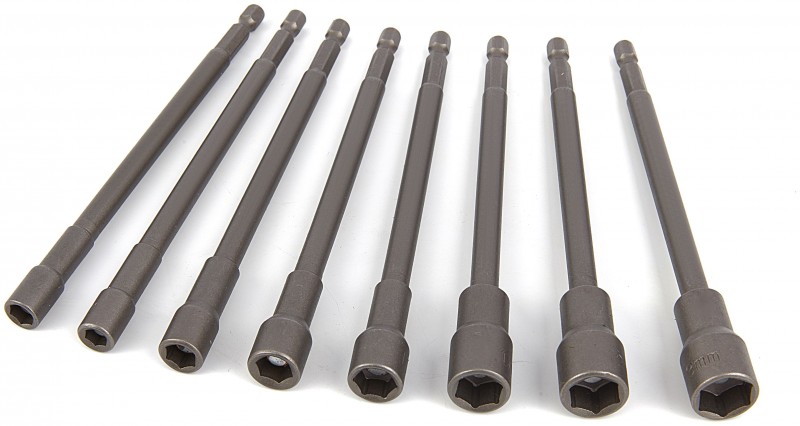 HBM 8-delige magnetische dopsleutelset 150 mm extra lang met HEX opname, chromevanadium