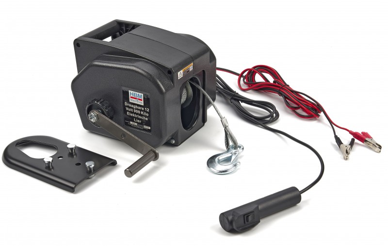 HBM draagbare elektrische lier 12V 900 kg IP55 staalkabel 9 m
