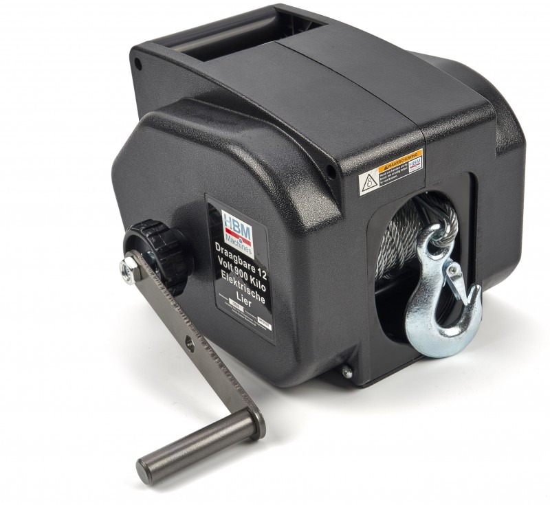 HBM draagbare elektrische lier 12V 900 kg IP55 staalkabel 9 m
