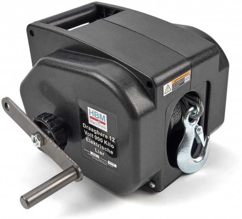 HBM draagbare elektrische lier 12V 900 kg IP55 staalkabel 9 m
