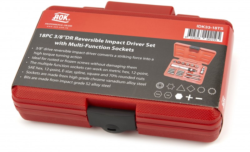 AOK 18-delige professionele slagschroevendraaierset met bits en doppen, 3/8 inch, S2 staal