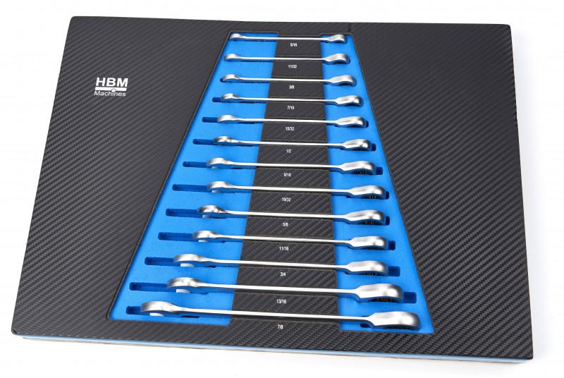 HBM 13-delige ringsleutel-, steeksleutel- en ratelsleutelset INCH in carbon foam inlay voor gereedschapswagen