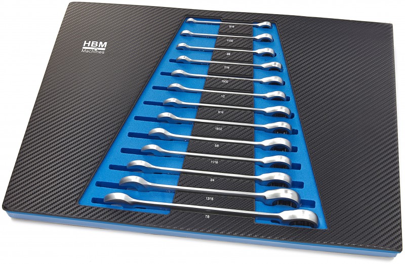 HBM 13-delige ringsleutel-, steeksleutel- en ratelsleutelset INCH in carbon foam inlay voor gereedschapswagen
