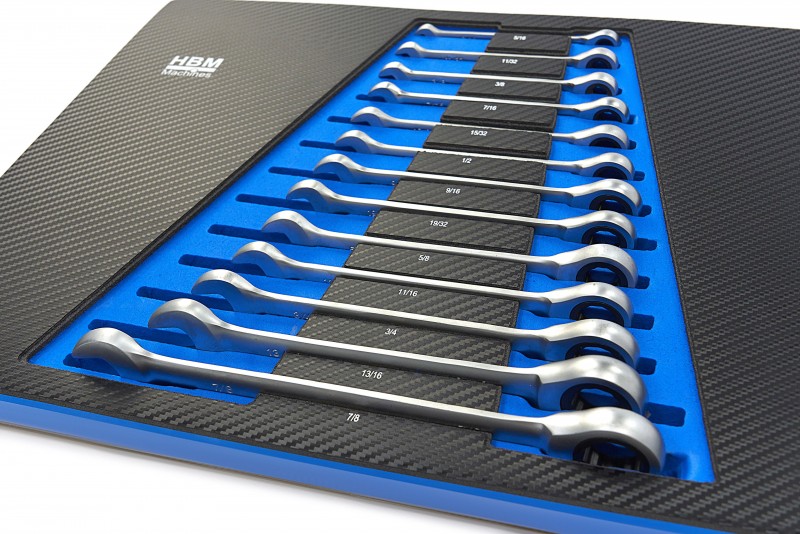 HBM 13-delige ringsleutel-, steeksleutel- en ratelsleutelset INCH in carbon foam inlay voor gereedschapswagen