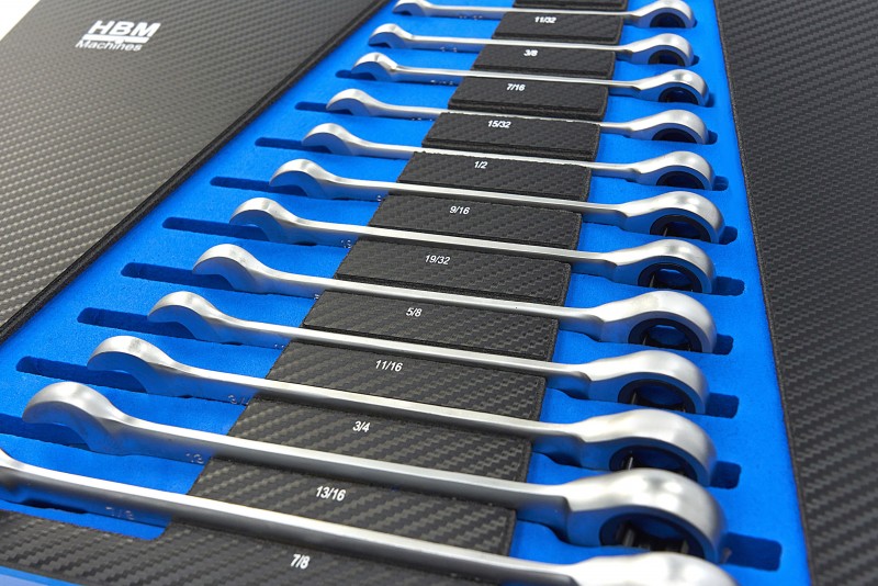 HBM 13-delige ringsleutel-, steeksleutel- en ratelsleutelset INCH in carbon foam inlay voor gereedschapswagen