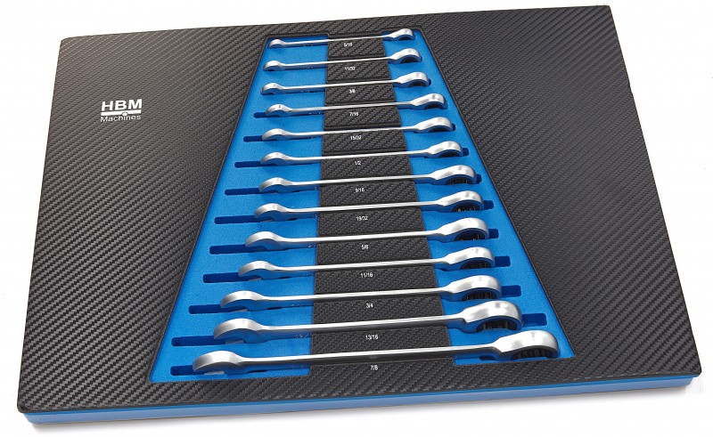 HBM 13-delige ringsleutel-, steeksleutel- en ratelsleutelset INCH in carbon foam inlay voor gereedschapswagen