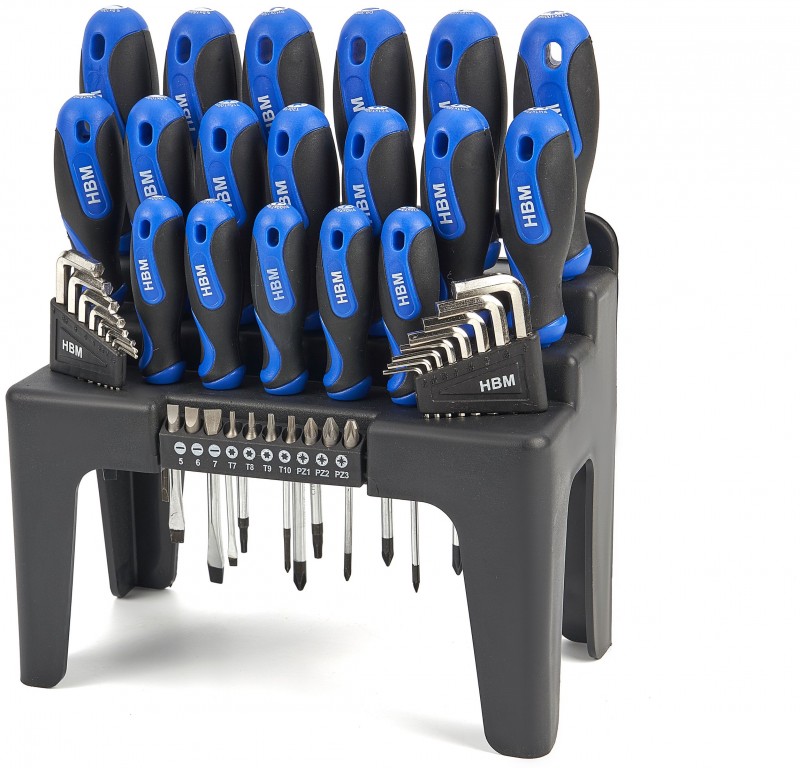 HBM Profi 44-delt skruetrækkersæt, unbrakonøglesæt og bitssæt – Soft Grip, kærv, Philips, Pozidriv, Torx.