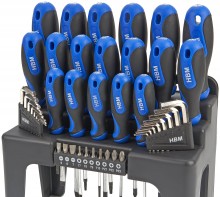 HBM Profi 44-delt skruetrækkersæt, unbrakonøglesæt og bitssæt – Soft Grip, kærv, Philips, Pozidriv, Torx.