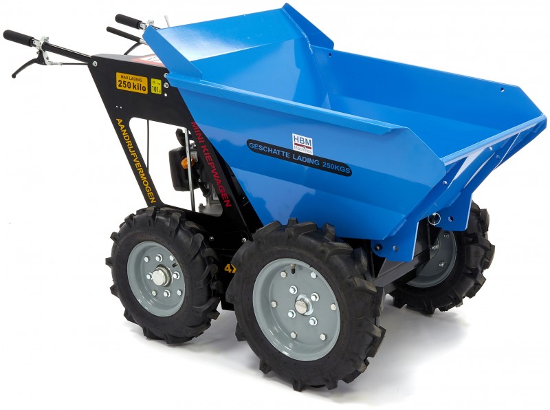 HBM 250 kg mini dumper met kiepbak 6,5 pk - 196 cc, 4x4, 4 versnellingen vooruit, 1 achteruit
