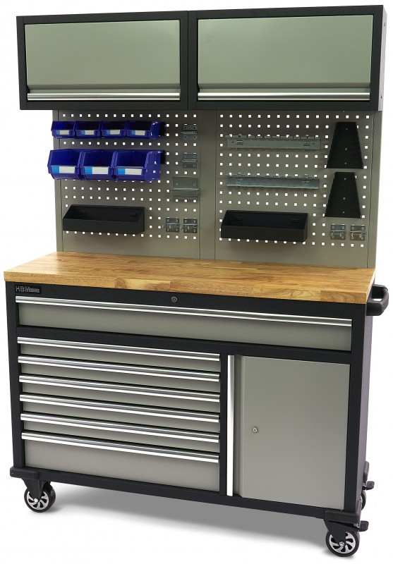 HBM verrijdbare werkbank 136 cm met 7 laden, deur, kastenwand, achterwand en accessoires, grijs