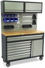 HBM verrijdbare werkbank 136 cm met 7 laden, deur, kastenwand, achterwand en accessoires, grijs