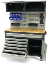 HBM verrijdbare werkbank 136 cm met 7 laden, deur, kastenwand, achterwand en accessoires, grijs