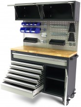 HBM verrijdbare werkbank 136 cm met 7 laden, deur, kastenwand, achterwand en accessoires, grijs
